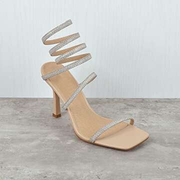 Richealnana Glitter Straps For Party Prom Bling Sandals For Women High Heel Stilettos Square Toe One Band Open Toe Sparkle Glitter Straps Nude US 7