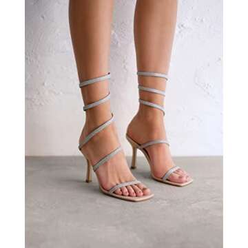 Richealnana Glitter Straps For Party Prom Bling Sandals For Women High Heel Stilettos Square Toe One Band Open Toe Sparkle Glitter Straps Nude US 7