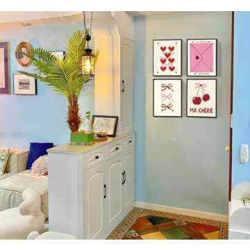 ULEGIE Trendy Coquette Bow Valentines Day Decorations Wall Art Prints Set of 4, Valentines Day Decor, Preppy Room Decor Aesthetic, Pink Bow Cherry Lucky Ace Card Posters for Girly Room Dorm Decor, 8x10 Unframed