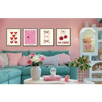 ULEGIE Trendy Coquette Bow Valentines Day Decorations Wall Art Prints Set of 4, Valentines Day Decor, Preppy Room Decor Aesthetic, Pink Bow Cherry Lucky Ace Card Posters for Girly Room Dorm Decor, 8x10 Unframed