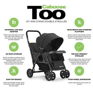 Joovy Caboose Too Sit and Stand Double Stroller Featuring Universal Car Seat Adapter, 3-Way Reclining Seats, Option to Use Rear Seat, Bench Seat, or Standing Platform (Black)