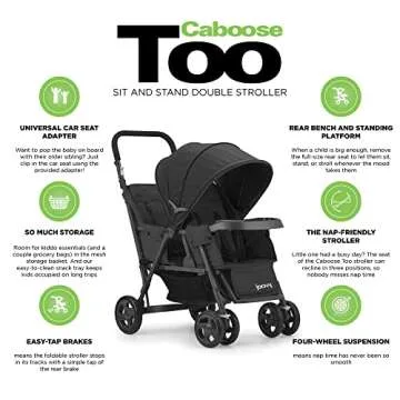 Joovy Caboose Too Sit and Stand Double Stroller Featuring Universal Car Seat Adapter, 3-Way Reclining Seats, Option to Use Rear Seat, Bench Seat, or Standing Platform (Black)