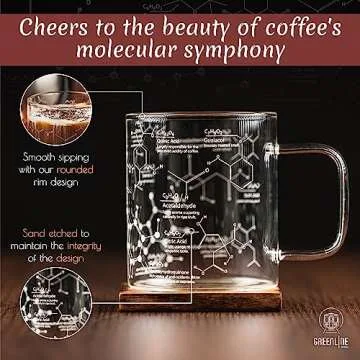Greenline Goods Glass Coffee Mug - 16 oz Tumbler Science of Coffee Glass (Set of 2) - Etched with Coffee Chemistry Molecules
