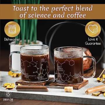 Greenline Goods Glass Coffee Mug - 16 oz Tumbler Science of Coffee Glass (Set of 2) - Etched with Coffee Chemistry Molecules