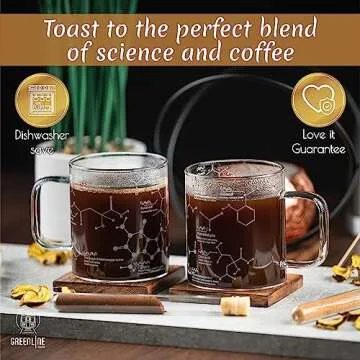 Greenline Goods Glass Coffee Mug - 16 oz Tumbler Science of Coffee Glass (Set of 2) - Etched with Coffee Chemistry Molecules