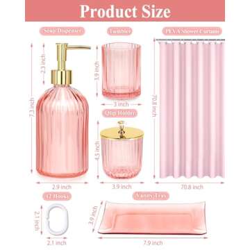 Bathroom Accessories with Shower Curtain,Pink Glass Bathroom Accessory Sets of Soap Dispenser, Tooth...
