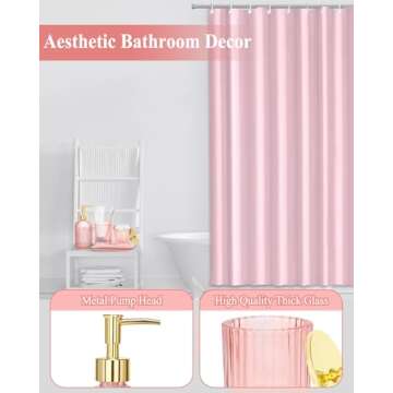 Bathroom Accessories with Shower Curtain,Pink Glass Bathroom Accessory Sets of Soap Dispenser, Toothbrush Holder, Apothecary Jar(Qtip Holder), Vanity Tray, Modern Home/Dorm Decor Housewarming Gifts