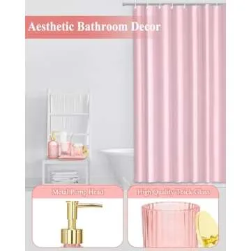 Bathroom Accessories with Shower Curtain,Pink Glass Bathroom Accessory Sets of Soap Dispenser, Toothbrush Holder, Apothecary Jar(Qtip Holder), Vanity Tray, Modern Home/Dorm Decor Housewarming Gifts
