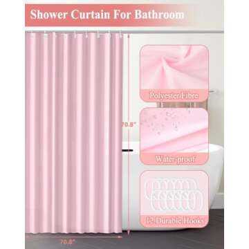 Bathroom Accessories with Shower Curtain,Pink Glass Bathroom Accessory Sets of Soap Dispenser, Toothbrush Holder, Apothecary Jar(Qtip Holder), Vanity Tray, Modern Home/Dorm Decor Housewarming Gifts