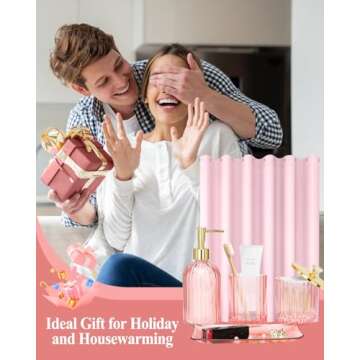 Bathroom Accessories with Shower Curtain,Pink Glass Bathroom Accessory Sets of Soap Dispenser, Toothbrush Holder, Apothecary Jar(Qtip Holder), Vanity Tray, Modern Home/Dorm Decor Housewarming Gifts