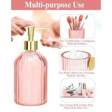 Bathroom Accessories with Shower Curtain,Pink Glass Bathroom Accessory Sets of Soap Dispenser, Toothbrush Holder, Apothecary Jar(Qtip Holder), Vanity Tray, Modern Home/Dorm Decor Housewarming Gifts
