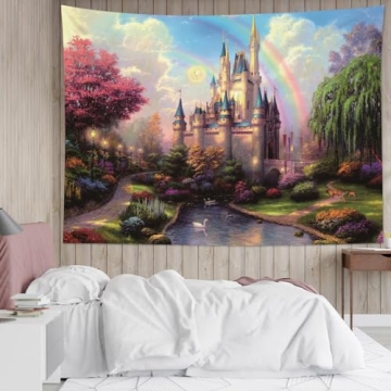 HVEST Castle Tapestry Trees and River in Fantasy Forest Wall Hanging Fairy Tale Tapestries for Kids Bedroom Living Room Dorm Party Wall Decor,60Wx40H inches
