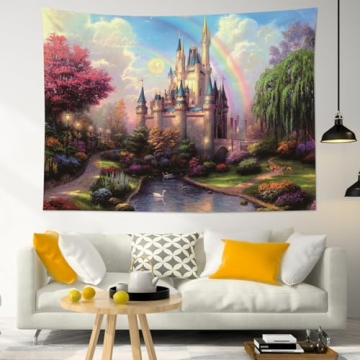HVEST Castle Tapestry Trees and River in Fantasy Forest Wall Hanging Fairy Tale Tapestries for Kids Bedroom Living Room Dorm Party Wall Decor,60Wx40H inches