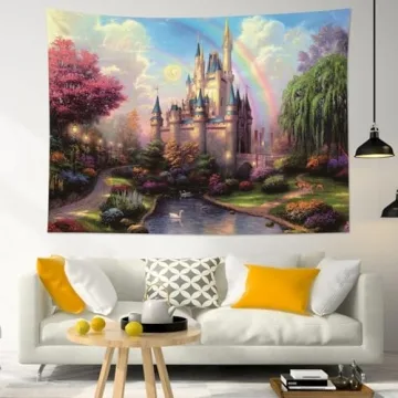 HVEST Castle Tapestry Trees and River in Fantasy Forest Wall Hanging Fairy Tale Tapestries for Kids Bedroom Living Room Dorm Party Wall Decor,60Wx40H inches
