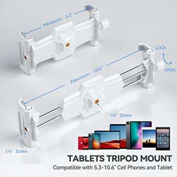 KDD iPad and Phone Tripod Mount Adapter with Ball Head, White Tablet Mount for Tripod, 360 Rotatable iPad Holder Clamp fit iPad Pro 12.9, iPad Air Mini, Galaxy Tab, Surface Pro, Selfie (5.3-10.6’’)