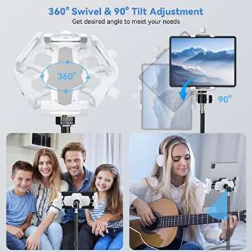 KDD iPad and Phone Tripod Mount Adapter with Ball Head, White Tablet Mount for Tripod, 360 Rotatable iPad Holder Clamp fit iPad Pro 12.9, iPad Air Mini, Galaxy Tab, Surface Pro, Selfie (5.3-10.6’’)