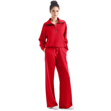 SUUKSESS Women 2 Piece Lounge Matching Sets Wide Leg Sweatpants Half Zip Oversized Sweatshirts (Red, M)
