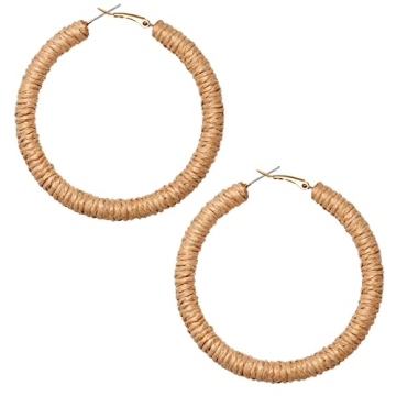 FAERLIIRY Zinc Rattan Hoop Earring, Brown - Handwoven Wicker Boho Earrings for Women, Big Circle Dan...