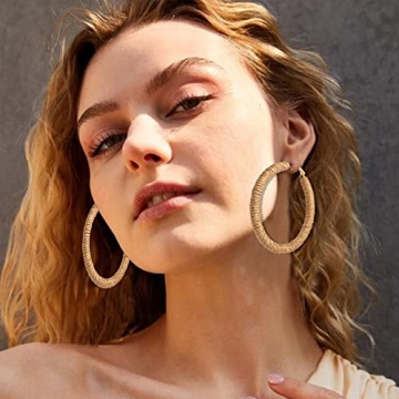 FAERLIIRY Zinc Rattan Hoop Earring, Brown - Handwoven Wicker Boho Earrings for Women, Big Circle Dangle Earrings, Ideal Gift for Wedding or Any Special Occasions