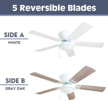 Prominence Home Benton Traditional 52 Inch Ceiling Fan with Light, LED Flush Mount Ceiling Fan, Indoor Fan with 5 Blades, White and Gray Oak Blade Finish Options, White (50852-01)