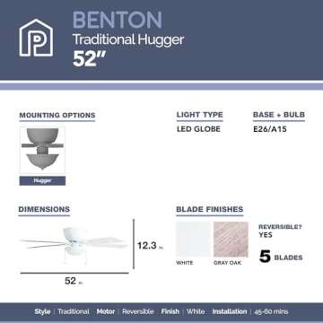 Prominence Home Benton Traditional 52 Inch Ceiling Fan with Light, LED Flush Mount Ceiling Fan, Indoor Fan with 5 Blades, White and Gray Oak Blade Finish Options, White (50852-01)