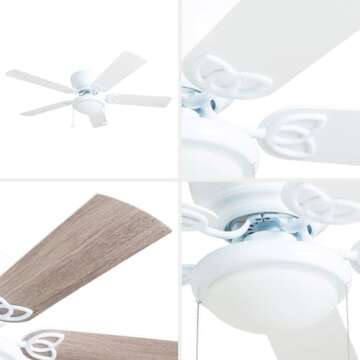 Prominence Home Benton Traditional 52 Inch Ceiling Fan with Light, LED Flush Mount Ceiling Fan, Indoor Fan with 5 Blades, White and Gray Oak Blade Finish Options, White (50852-01)