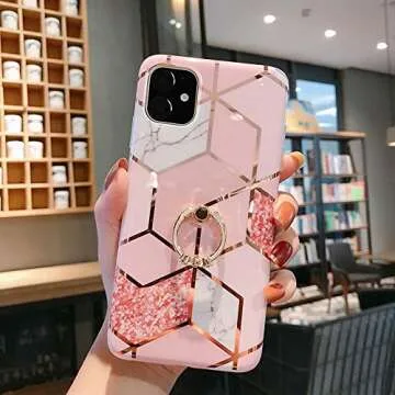 Qokey Compatible with iPhone 11 Case,Marble Case Cute Fashion Design for Men Women Girls with 360 Degree Rotating Ring Kickstand Soft TPU Shockproof Cover Designed for iPhone 11 6.1 Inch Bling
