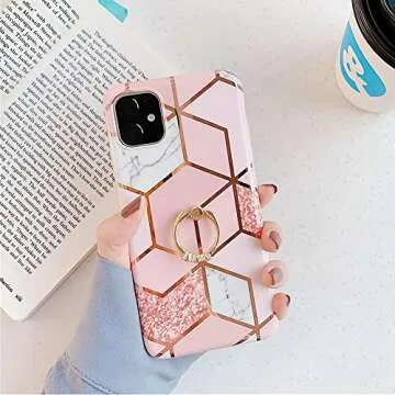 Qokey Compatible with iPhone 11 Case,Marble Case Cute Fashion Design for Men Women Girls with 360 Degree Rotating Ring Kickstand Soft TPU Shockproof Cover Designed for iPhone 11 6.1 Inch Bling