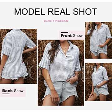 HOTAPEI Womens White Work Blouses Ladies Summer Casual V Neck Striped Short Sleeve Black Button Down Collar Chiffon Shirts and Blouse with Front Pockets Size Medium