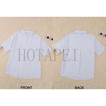 HOTAPEI Womens White Work Blouses Ladies Summer Casual V Neck Striped Short Sleeve Black Button Down Collar Chiffon Shirts and Blouse with Front Pockets Size Medium