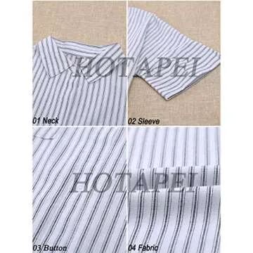HOTAPEI Womens White Work Blouses Ladies Summer Casual V Neck Striped Short Sleeve Black Button Down Collar Chiffon Shirts and Blouse with Front Pockets Size Medium