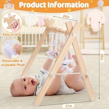 KIZZYEA Wooden Baby Play Gym, Infant Activity Gym for 0-3-6-12 Months, Wooden Foldable Frame Bar, Baby Activity Center, Newborn Montessori Gift for Boys Girls Ages 0 Month+