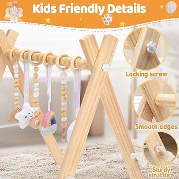 KIZZYEA Wooden Baby Play Gym, Infant Activity Gym for 0-3-6-12 Months, Wooden Foldable Frame Bar, Baby Activity Center, Newborn Montessori Gift for Boys Girls Ages 0 Month+