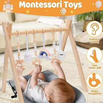 KIZZYEA Wooden Baby Play Gym, Infant Activity Gym for 0-3-6-12 Months, Wooden Foldable Frame Bar, Baby Activity Center, Newborn Montessori Gift for Boys Girls Ages 0 Month+