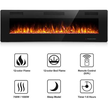 60" Electric Fireplace Multicolor Flame Remote Control Heater