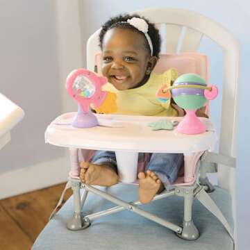 Summer Infant Pop ‘N Sit Eat ‘N Play (Pink) Baby Pop Up Chair for Meals and Playtime with Removable Tray and Toys, Portable Booster Folds for Travel