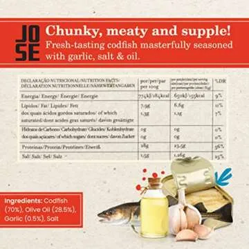 Codfish in Olive Oil and Garlic by Jose Gourmet, Wild Caught Portuguese Codfish, Canned Cod in Olive Oil, Omega 3, Fair Trade, 125g Can, Pack of 8