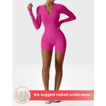 YEOREO Women Long Sleeve Workout Jumpsuit Zip Up Romper Bottom Shorts Bodysuit Bodycon Sexy One Piece Pink S