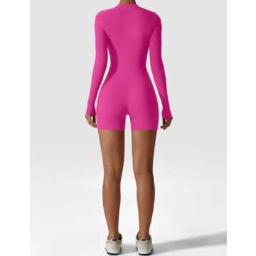 YEOREO Women Long Sleeve Workout Jumpsuit Zip Up Romper Bottom Shorts Bodysuit Bodycon Sexy One Piece Pink S