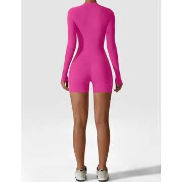 YEOREO Women Long Sleeve Workout Jumpsuit Zip Up Romper Bottom Shorts Bodysuit Bodycon Sexy One Piece Pink S