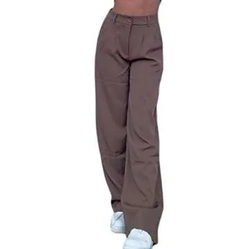Women's Classic Fit Straight Leg Suit Pant Slim Fit Straight Pants Wide Leg Trousers with Pockets (XL, A-Brown)