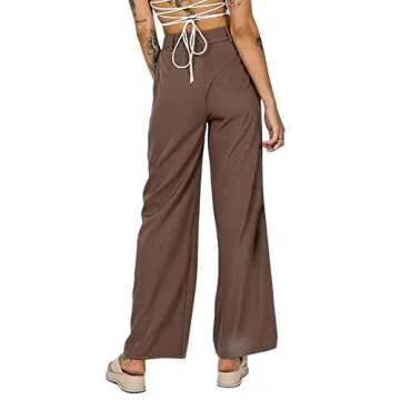 Women's Classic Fit Straight Leg Suit Pant Slim Fit Straight Pants Wide Leg Trousers with Pockets (XL, A-Brown)