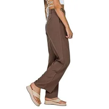 Women's Classic Fit Straight Leg Suit Pant Slim Fit Straight Pants Wide Leg Trousers with Pockets (XL, A-Brown)