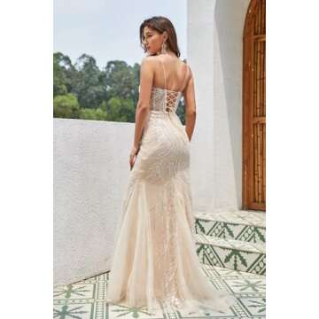 Toreque Tulle Beaded Champagne Sequin Corset Prom Dress Sparkly Sexy Mermaid Spaghetti Straps Wrap Formal Gown Sleeveless Train Bodice Long US14