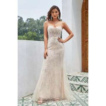 Toreque Tulle Beaded Champagne Sequin Corset Prom Dress Sparkly Sexy Mermaid Spaghetti Straps Wrap Formal Gown Sleeveless Train Bodice Long US14