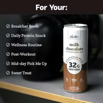 Slate Milk - High Protein Nutrition Shake - Milk Chocolate - 32g Protein, 1g Sugar, 150 Calories, 2g Net Carbs - Lactose Free - No Added Sugar - Breakfast Boost, Post Workout - 11 fl oz, 12 Cans