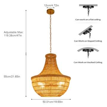 Wicker Rattan Chandelier Hand-Woven Pendant Light Farmhouse Rustic Hanging Ceiling Lamp Fixture Adju...