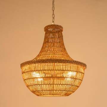 Wicker Rattan Chandelier Hand-Woven Pendant Light Farmhouse Rustic Hanging Ceiling Lamp Fixture Adjustable Height for Living Room Bedroom Dining Room