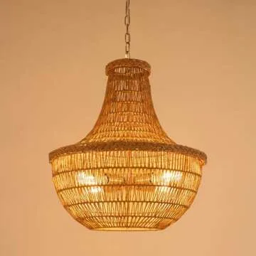 Wicker Rattan Chandelier Hand-Woven Pendant Light Farmhouse Rustic Hanging Ceiling Lamp Fixture Adjustable Height for Living Room Bedroom Dining Room