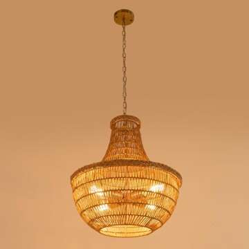 Wicker Rattan Chandelier Hand-Woven Pendant Light Farmhouse Rustic Hanging Ceiling Lamp Fixture Adjustable Height for Living Room Bedroom Dining Room